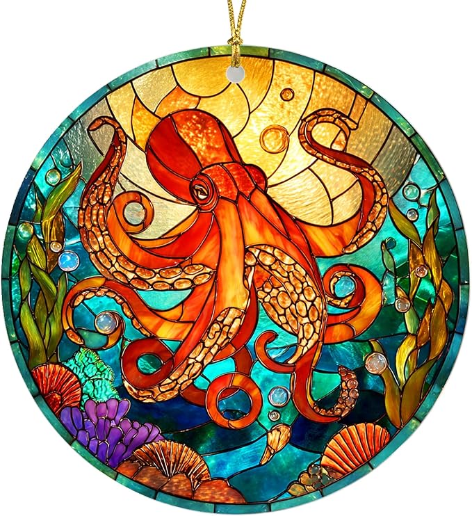 Faux Stained Glass Octopus Acrylic Hanging Ornament, Octopus Christmas Tree by Unknown
