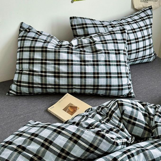 mixinni Vintage Grey & Pale Blue Buffalo Plaid Duvet Cover Set Twin Size - Image 5