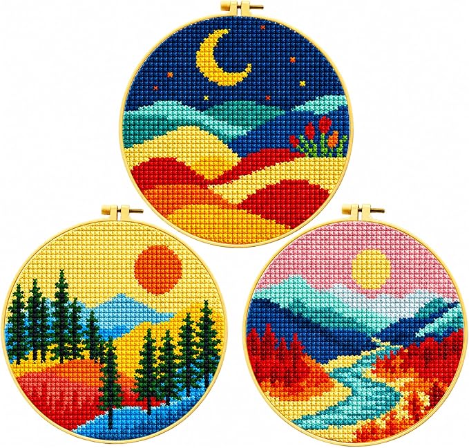 Zhenqing Sun Moon Landscape Stamped Cross Stitch Kit, 3 Pack 11CT Printed by ZhenqingHomeFlagship