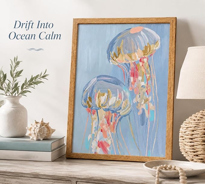 Framed Blue Jellyfish Canvas Wall Art, Ocean Painting Picture Wall Decor - Image 2