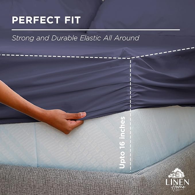 Linen Home 100% Cotton Percale Weave Fitted Sheet, King Size, Dark Blue - Image 3