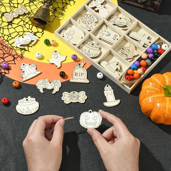 54 pcs Mixed Styles Halloween Theme Unfinished Wood Cutout Charms Cross Spider - Image 5