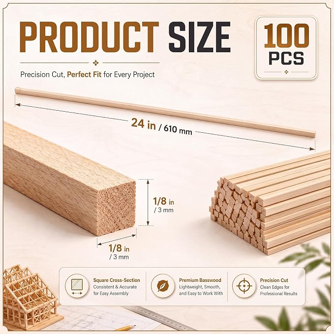 100pcs Basswood Strips 1/8 x 1/8 x 24 Inch Balsa Wood Strips Natural Wood - Image 2
