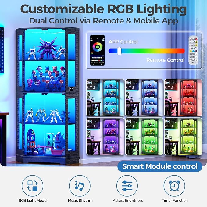 IRONCK 71" Carbon Fiber Corner Glass Display Cabinet, RGB LED Lights - Image 5