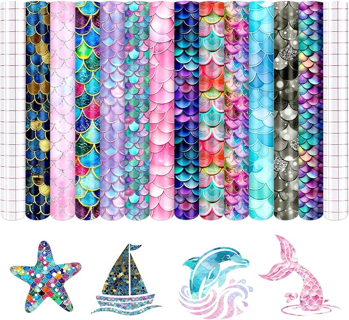 Fish Scale Patterned Permanent Adhesive Vinyl 12 Sheets 12'' x 10'' | Mermaid by CraftingEveryday