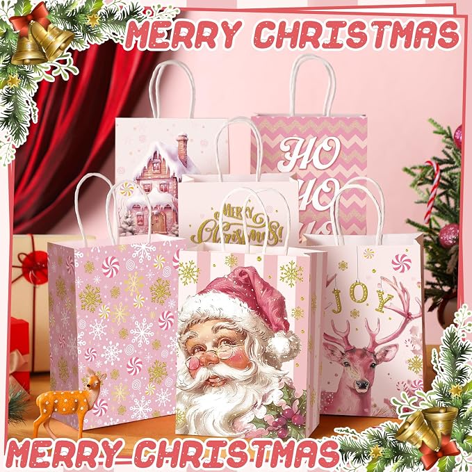Kolldenn 24 Pcs Pink Christmas Party Favors Bags Christmas Goodie Gift Bags - Image 4