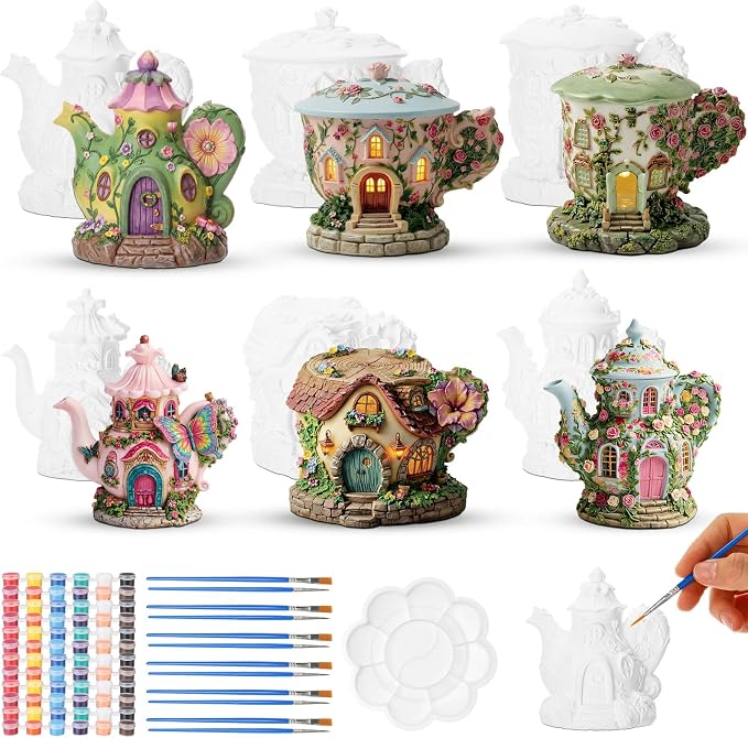 Thyle 6 Set 5 Inch Ceramics Fairy House to Paint Teapot Fairy Garden House by Thyle