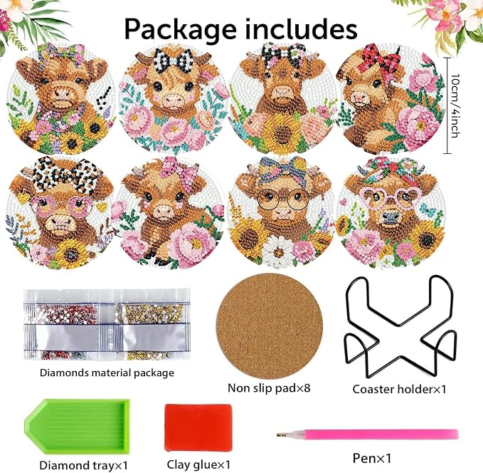 8 Pack Diamond Art Coasters, Highland Cow Diamond Painting Coasters Kits | Cow - Image 2