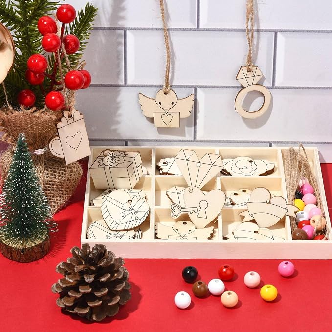 54 pcs Mixed Styles Wedding Theme Unfinished Wooden Cutout Charms Ring Heart - Image 4