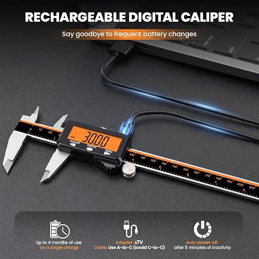 HARDELL Digital Caliper 12" USB-C Charging – Orange Display, Non-Backlit | - Image 2
