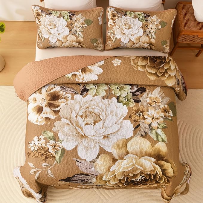 WONGS BEDDING Floral Quilt Set Brown Queen, Quilted Printed Lightweight - Image 3