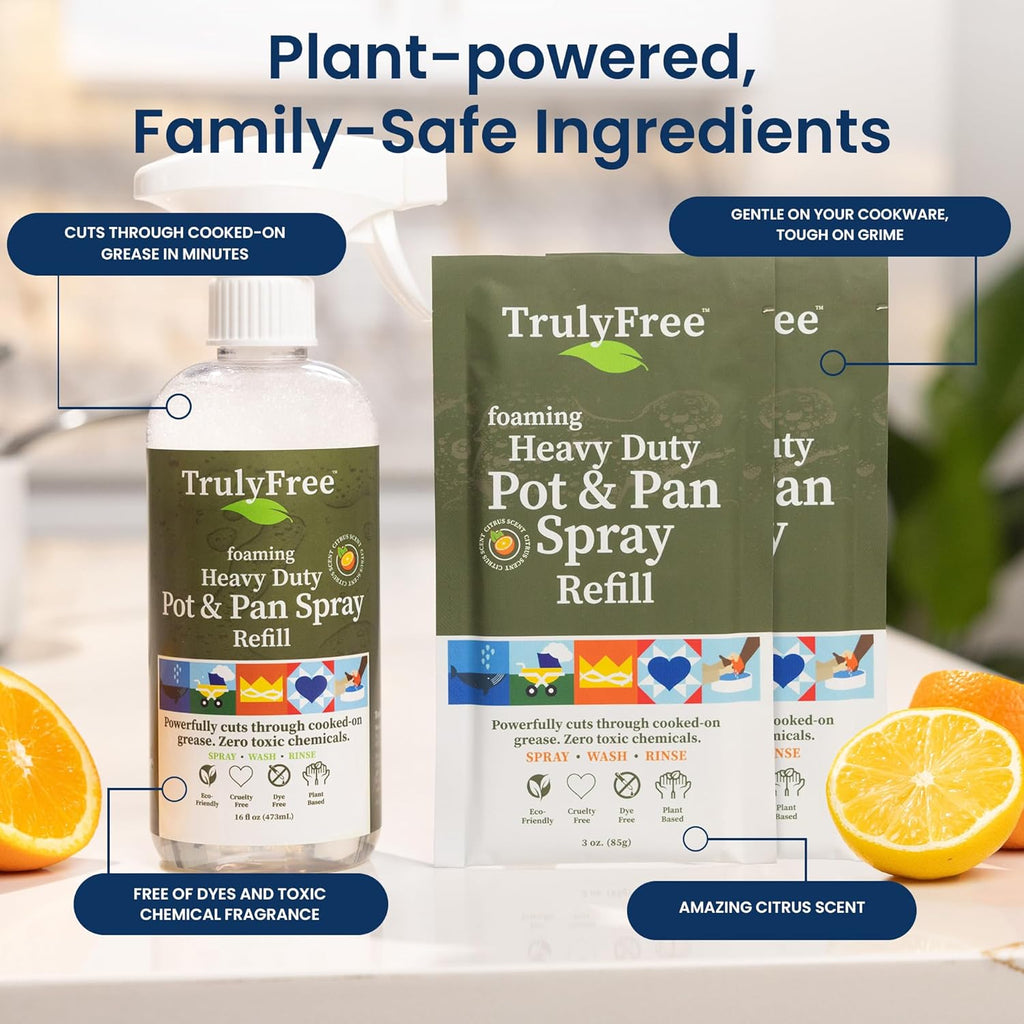 Truly Free Heavy Duty Pot & Pan Spray - Powerful Foaming Grease Remover, Multi-Purpose Kitchen Cleaner Spray Degreaser for Oven, Stoves, Grill & More, Citrus Scent - Includes 1 Empty Bottle & 2 Refill