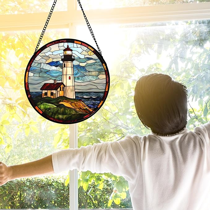 DASTOLL Stained Glass Window Hanging, Ocean Lighthouse Sun Catchers Glass Panel - Image 3