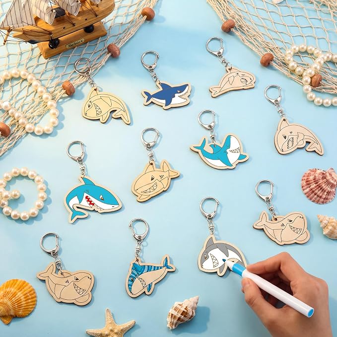 RattanView 24 Pcs Summer Shark Crafts Color Your Own Keychains DIY Craft Wooden - Image 4