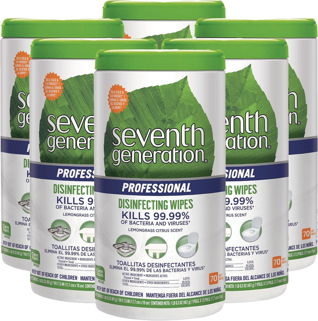 Seventh Generation Professional Disinfecting Multi Surface Wipes, Lemongrass Citrus, 70 count Tubs (Pack of 6)