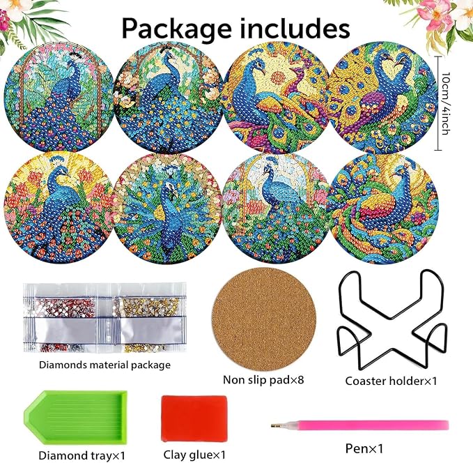 8 Pack Diamond Art Coasters, Peacock animals Diamond Painting Coasters Kits | - Image 2