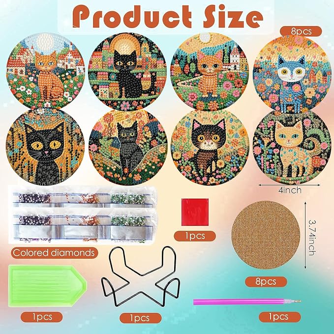 ijbnhd 8 PCS Diamond Art Coasters Kit Cat Diamond Painting Coasters | Cat - Image 3