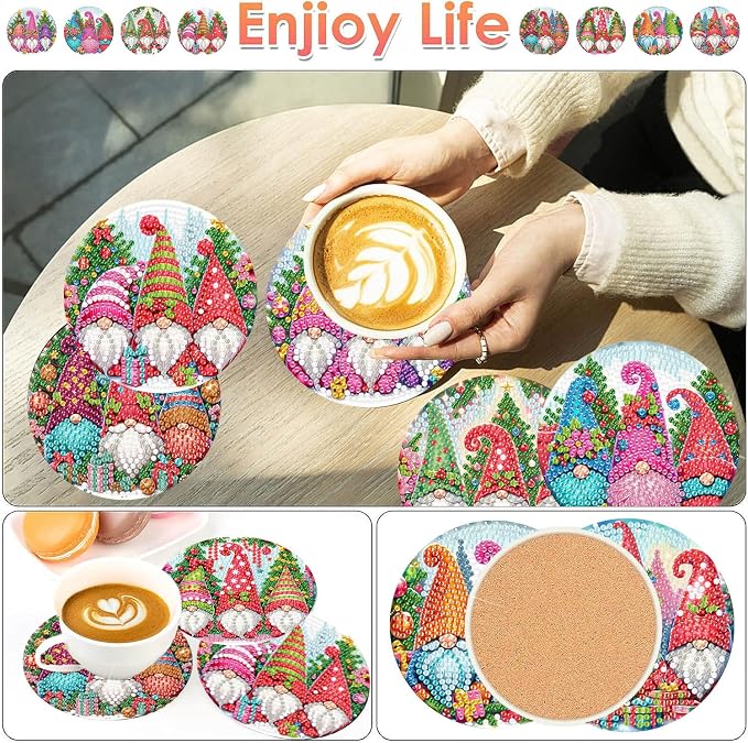 ijbnhd 8 PCS Christmas Diamond Painting Coasters | Christmas Gnome Diamond Art - Image 2