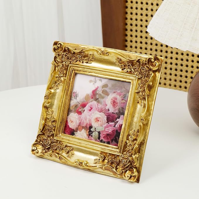 Cuspin 4x4 Gold Picture Frame Square, Vintage Ornate Resin Photo Frame - Image 4