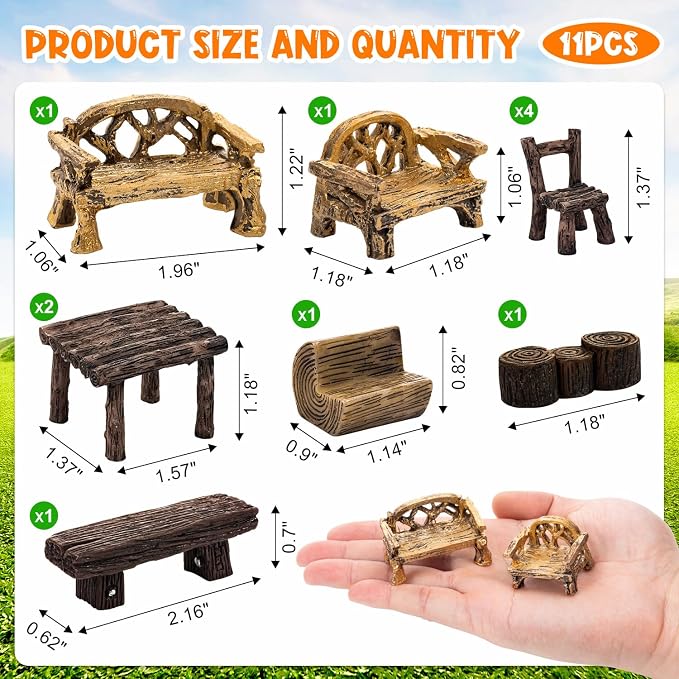 11Pieces Fairy Garden Furniture Ornaments Miniature Table and Chairs Set - Image 2