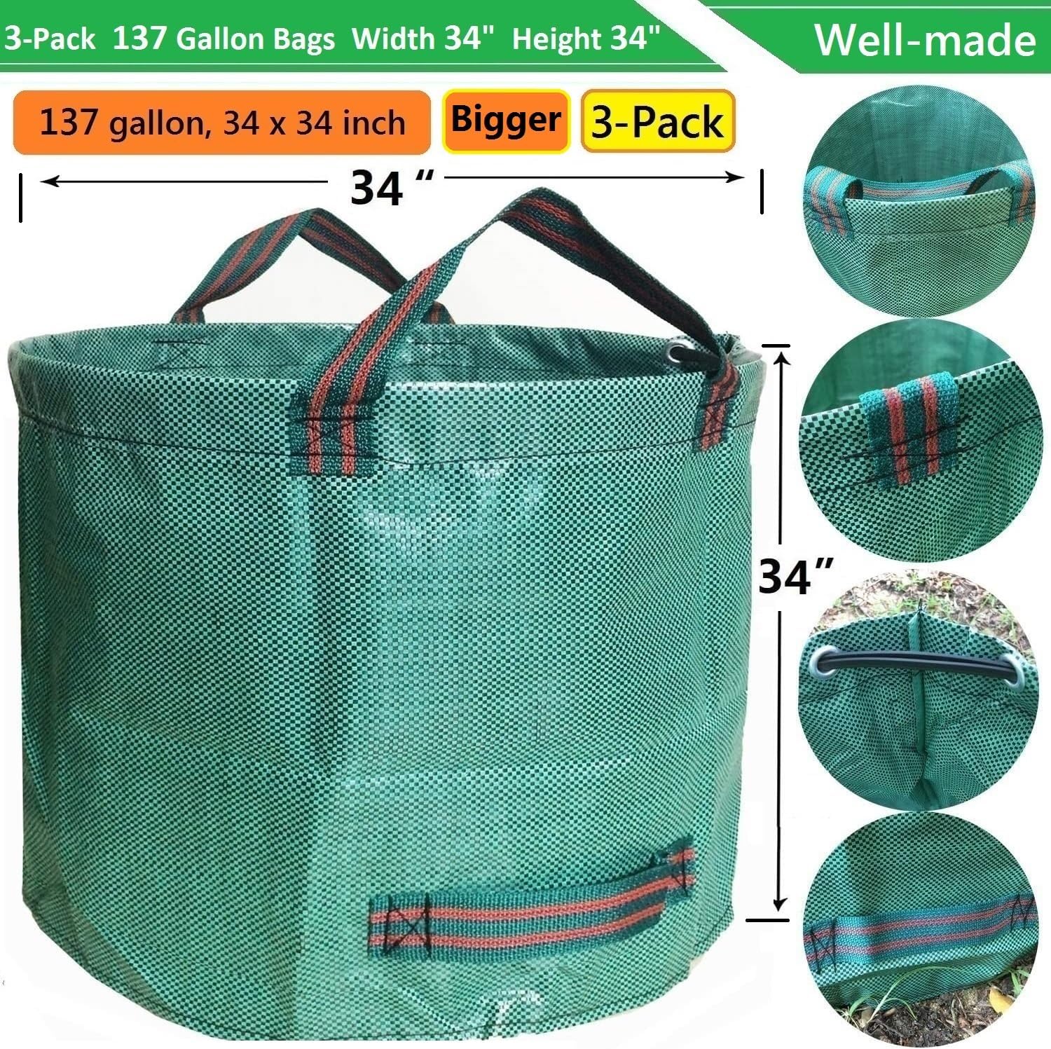 Professional 3-Pack 137 Gallon Lawn Garden Bags (D34, H34 inches) Big Yard Waste Bags with Garden Gloves, Extra Large Reusable Leaf Bags,Garden Clippings Bag,Leaf Container,Yard Trash Bags 4 Handles