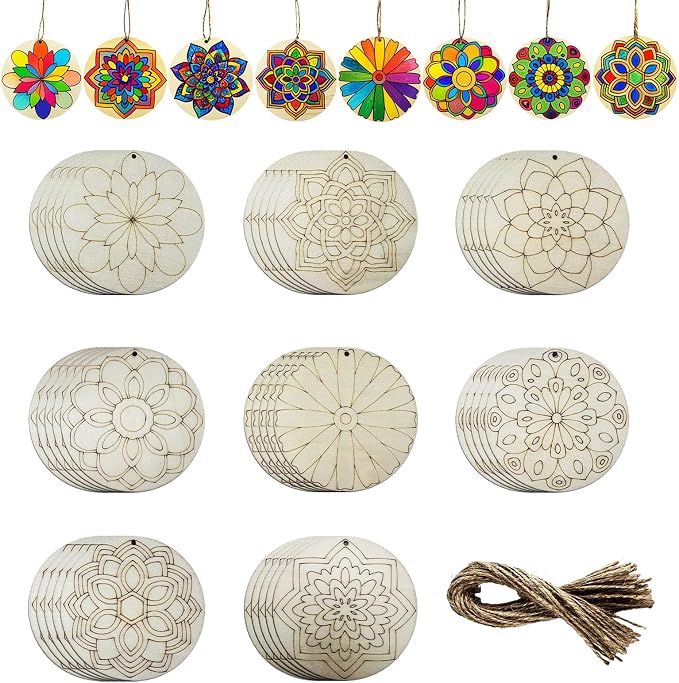 40Pcs DIY Unfinished Mandala Painting Wood Craft Wooden Chips Coloring by WEOSMIRA