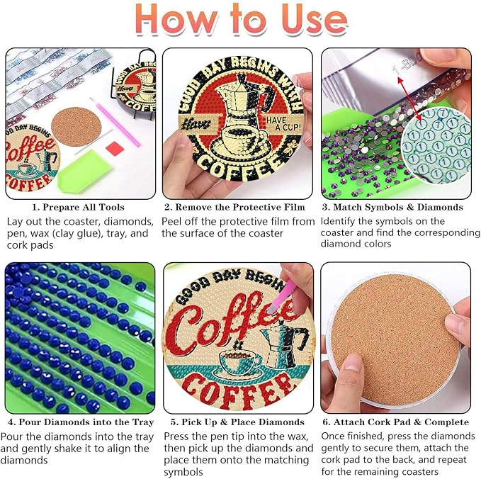 Benjenes 8 PCS Coffee Diamond Art Coasters Kits | Diamond Paintings Coasters - Image 3