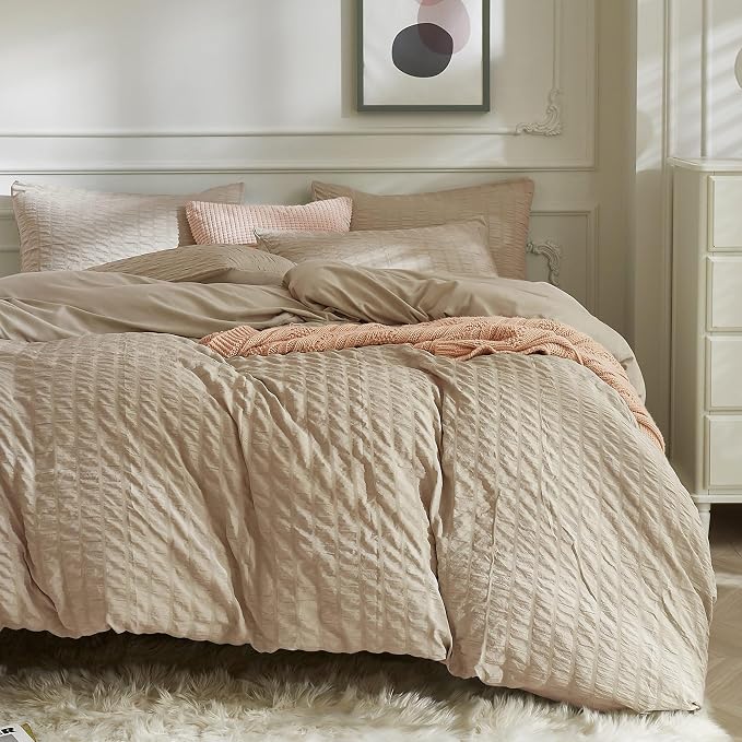 JELLYMONI Khaki Duvet Cover Cal King Size, Soft Breathable Seersucker Duvet by JELLYMONI