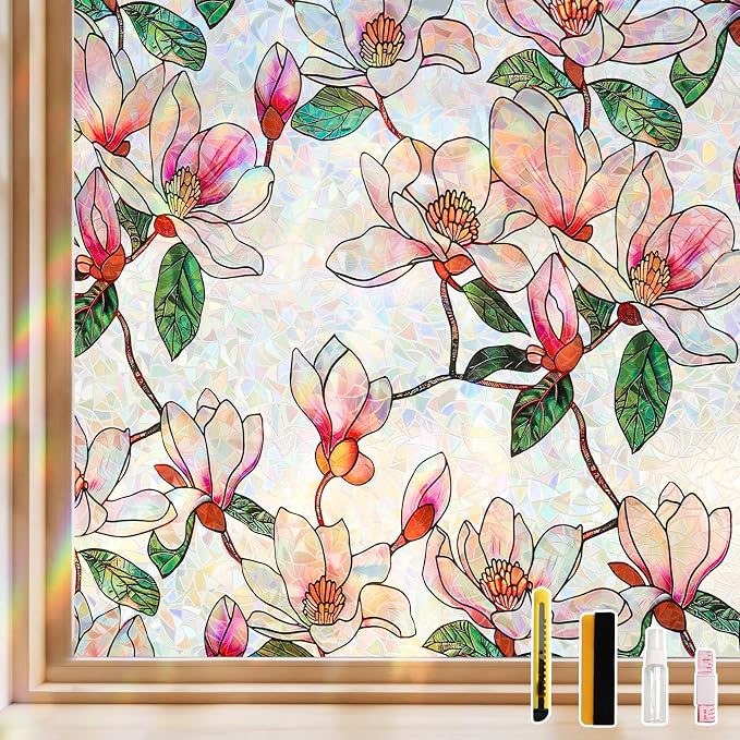 NINETREX Window Privacy Film, Stained Glass Floral Window Clings, Static Cling by NINETREX