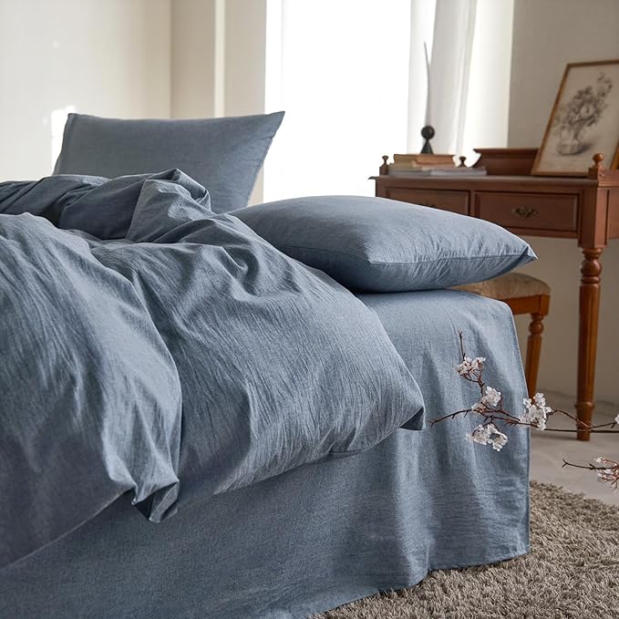 Wake In Cloud - Cotton Duvet Cover Set, King Size, Chambray Denim Blue by WakeInCloud