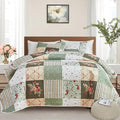 Patchwork Quilt Set King Size, 3 Pieces Green Floral Plaid Summer Bedspread by Flysheep