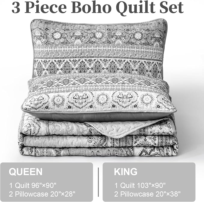 WONGS BEDDING Boho King Quilt Set, Lightweight Microfiber Bed Decor Bedspread - Image 6