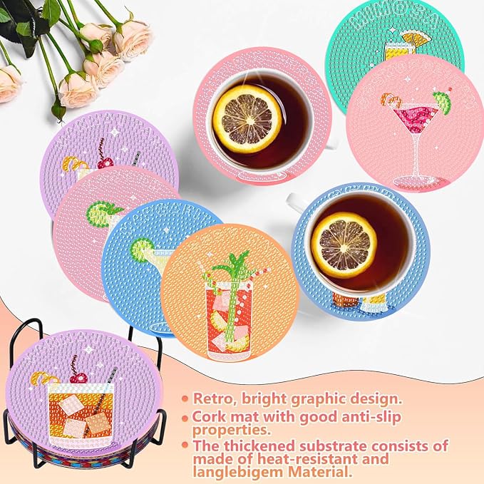 Benjenes 8 PCS Diamond Art Coasters Kits Cocktail Diamond Painting Coaster | - Image 5