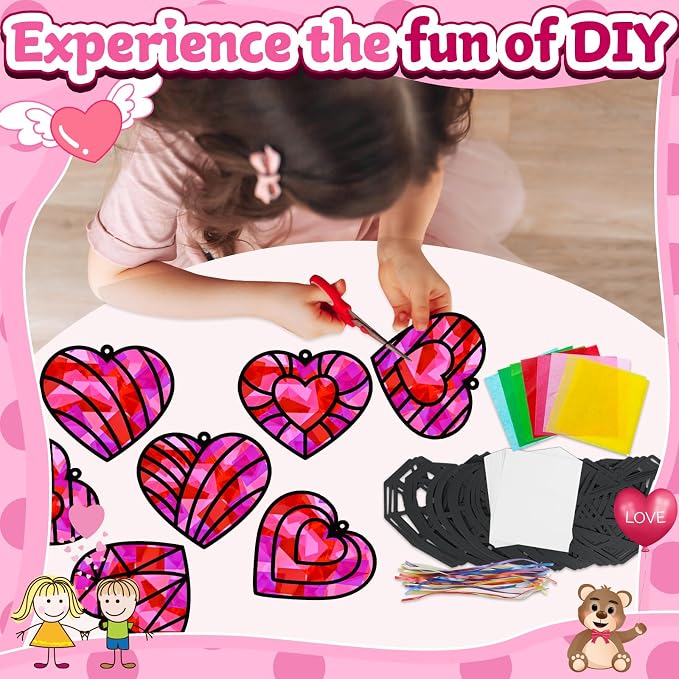 32 Sets Valentines Suncatchers Craft Kit DIY Heart Window Stained Glass Effect - Image 4