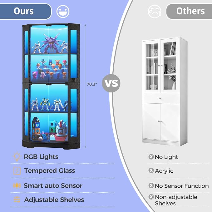 IRONCK 71" Carbon Fiber Corner Glass Display Cabinet, RGB LED Lights - Image 7