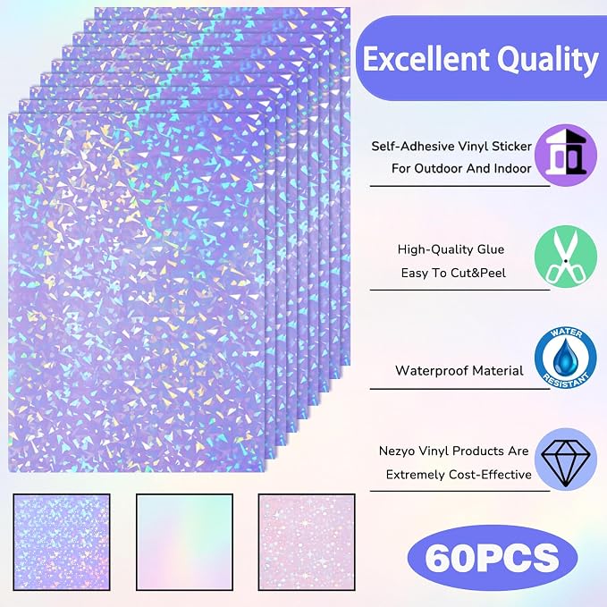 Nezyo 60 Sheet Holographic Laminate Sheet Clear Glitter A4 Size Vinyl Sticker - Image 5