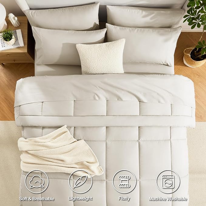 CozyLux California King Comforter Sets Oatmeal, 7 Pieces Cal King Bed in a Bag - Image 2