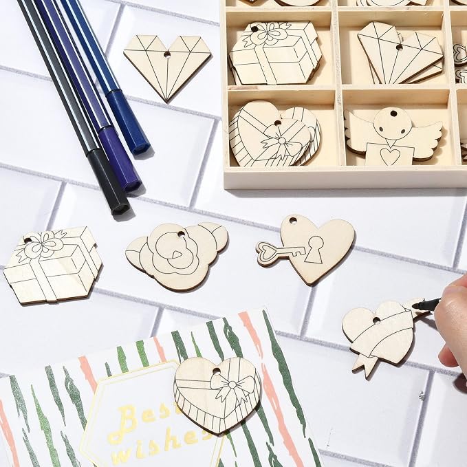 54 pcs Mixed Styles Wedding Theme Unfinished Wooden Cutout Charms Ring Heart - Image 6