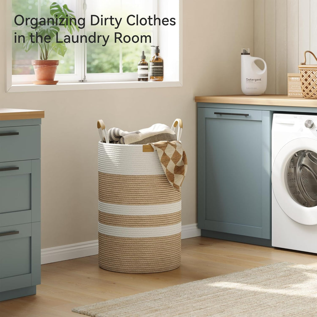 75L Striped Laundry Hamper with Leather Handles,Large Foldable Laundry Basket for Clothes,Cotton Rope Storage Bin for Blankets,Woven Clothes Basket for Bedroom,Beige Stripes