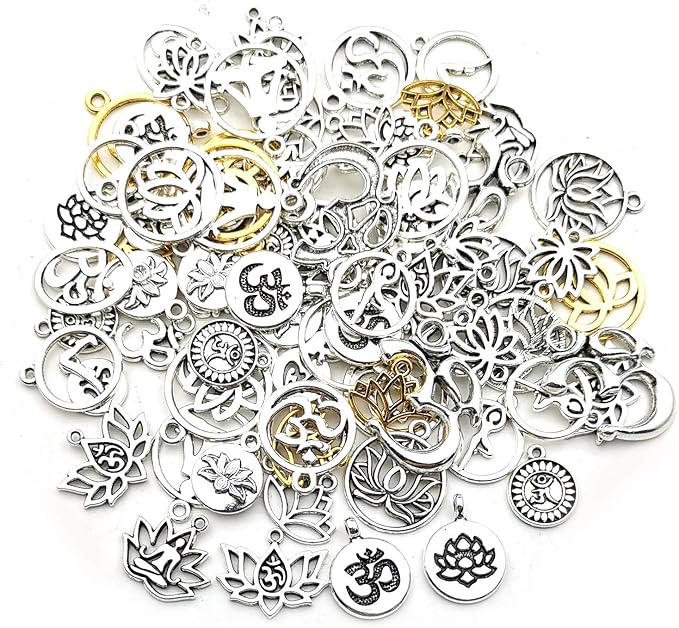 100g Craft Supplies Antique Silver Yoga OM Lotus Flower Charms - Image 4