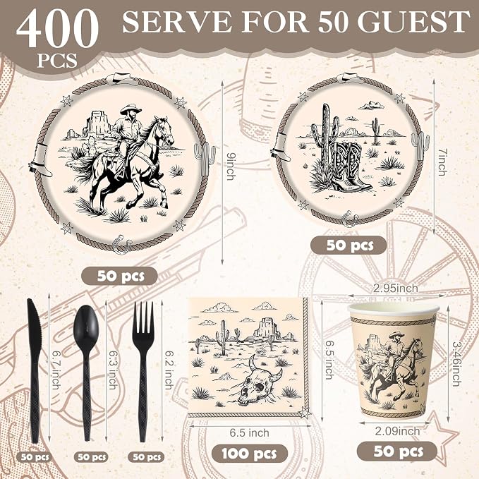 Pickmesh 400 Pcs Western Cowboy Party Plates and Napkin Decoration Wild West - Image 2