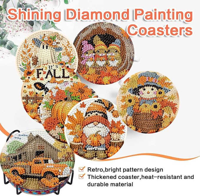 ijbnhd 8 Pcs Diamond Art Coasters Kits Autumn | Diamond Painting Coasters Kit - Image 8