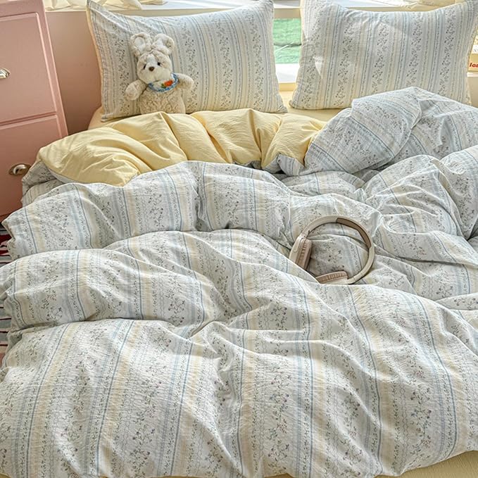 BOLINLIVING Vintage Floral Duvet Cover King Size, Reversible Blue Striped by BOLINLIVING