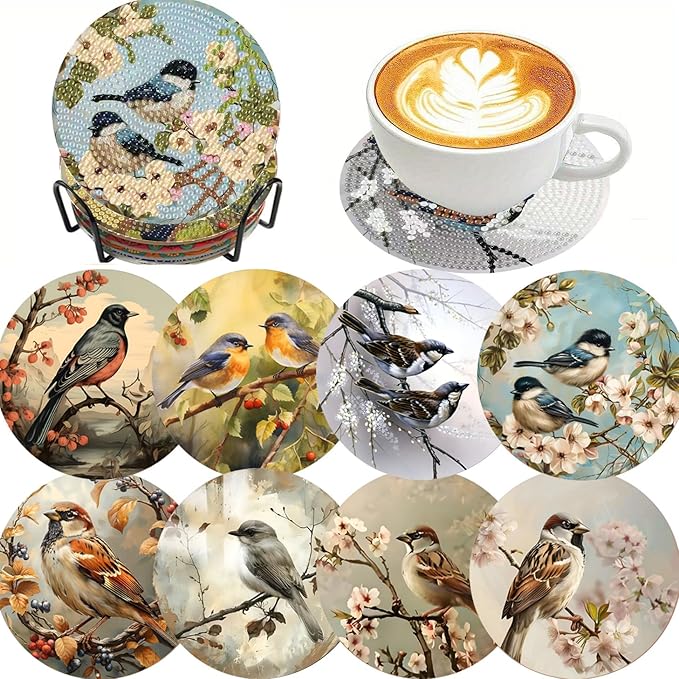 Clendo 8 PCS Bird Diamond Art Coaster Kits by Clendo