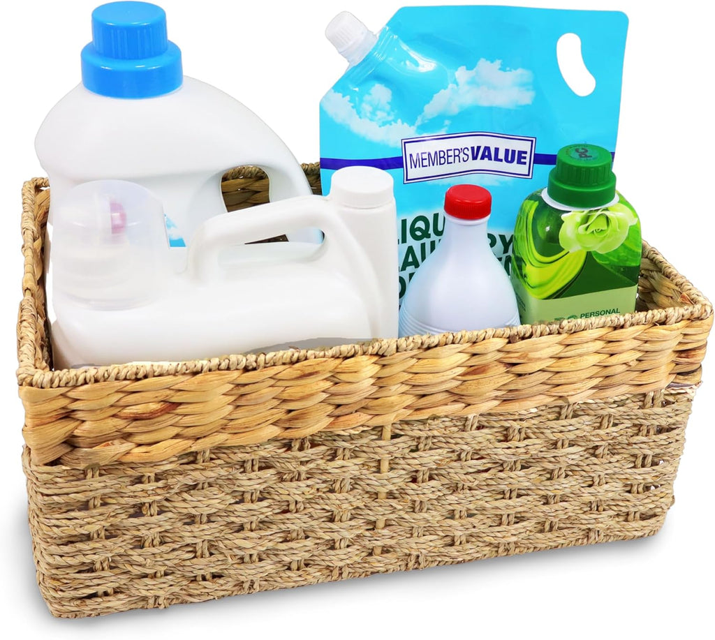 Large Wicker Storage Basket with handles, Natural, Woven, Seagrass and Hyacinth Organizing Baskets for Shelves, Pantry, Living Room - Large Size - 17x11x7.5 in