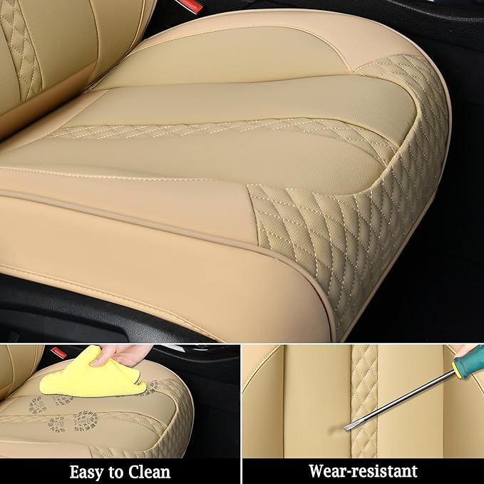 Doogo Car Seat Covers Full Set, Leather Seat Covers 5 Seats, Waterproof Car Seat Cushions, Auto Front and Rear Seat Protectors Automotive Covers Fit for Most Cars-Beige