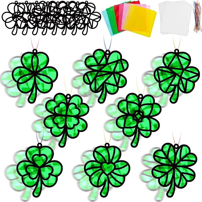 32 Sets St Patricks Day Suncatchers Craft Kit DIY shamrock Window Stained Glass by Lonfliness