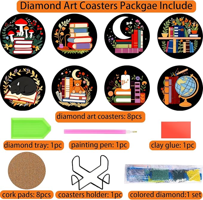TDOOW Diamond Art Painting Coasters 8 Pcs Colorful Book Diamond Art Coasters - Image 3