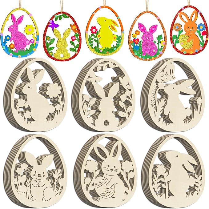 36PCS Wooden Easter Ornaments to Paint, 6 Styles DIY Blank Unfinished Wood Egg by Sophena