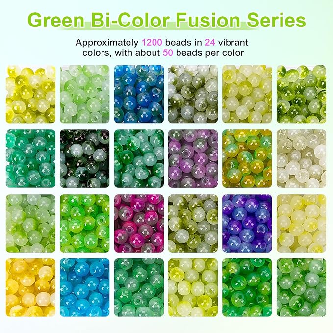 XSEINO About 1200+ pcs 6mm Glass Beads Bracelet Making Kit, 24 Assorted Green - Image 3